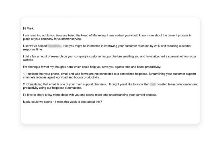 Personalized cold email example