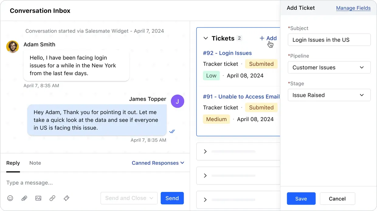 Create tickets fast while conversations are going on!