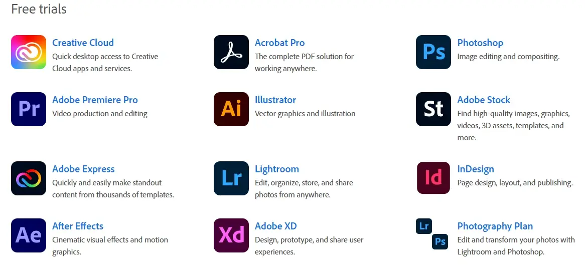 Adobe's free trials of premium features