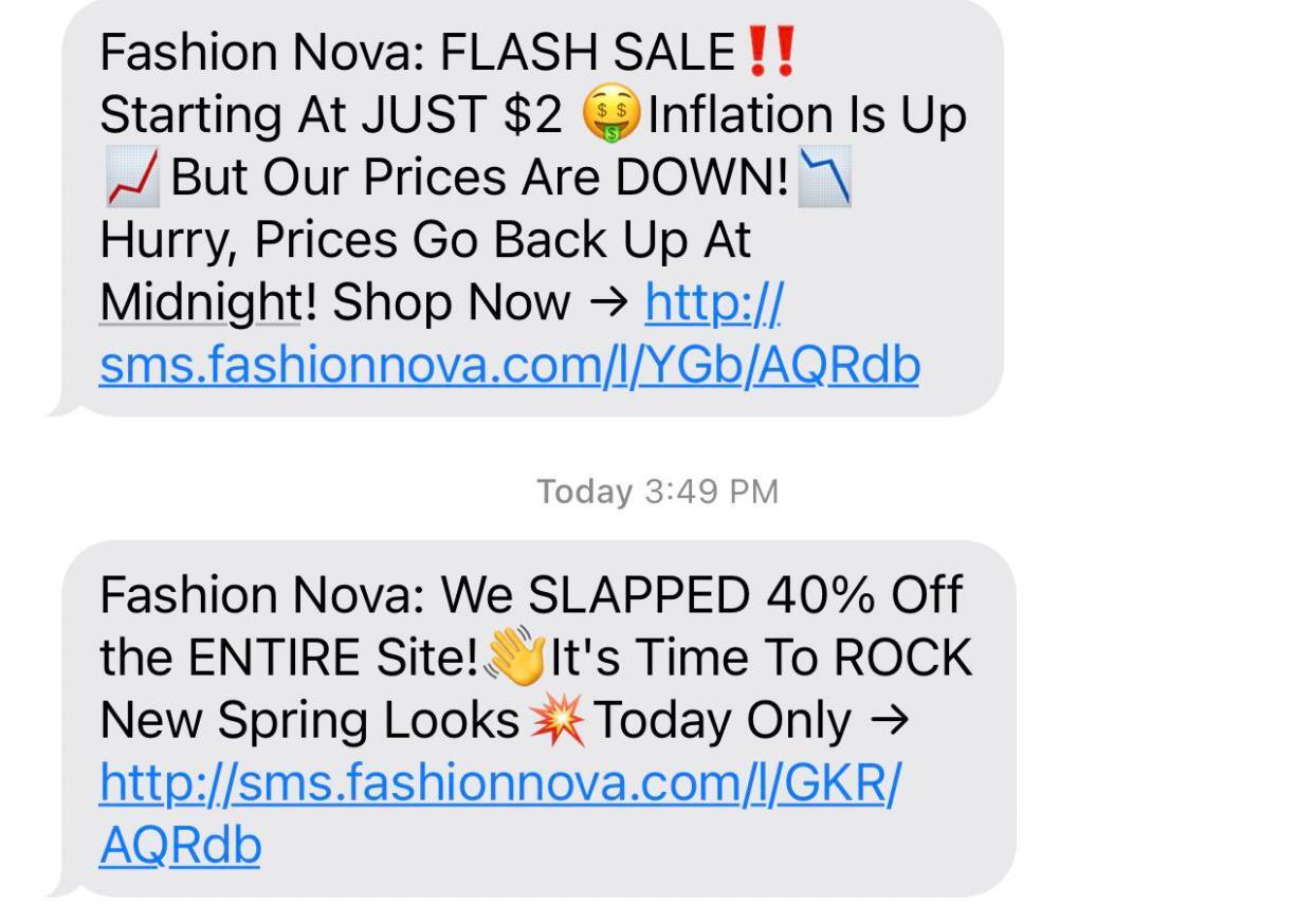 Example of Fashion Nova's SMS approach