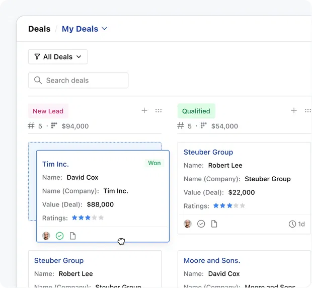 Move deals across stages with just a click Move deals across stages with just a click